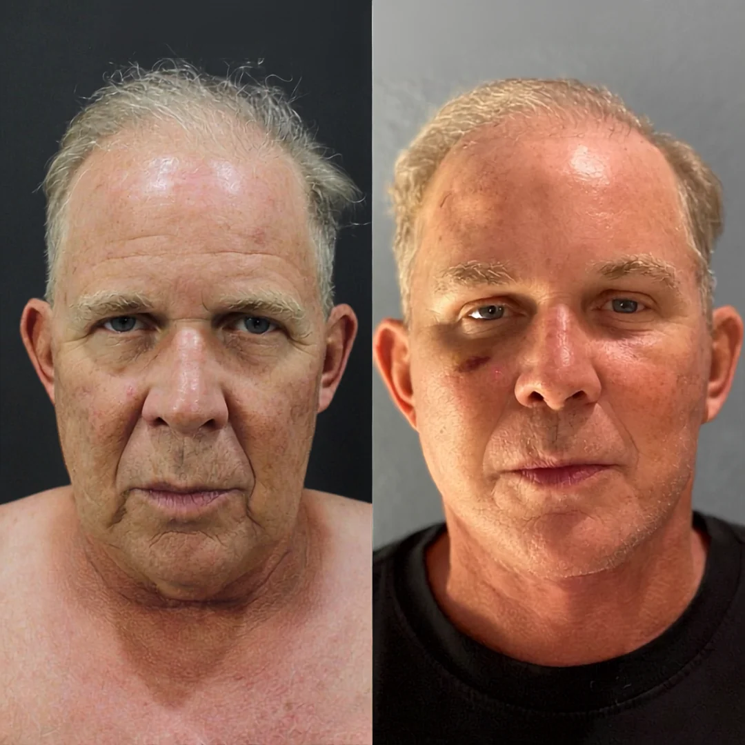 A patient before and after a Face, Neck and Brow Lift by Dr. Quiroz in Tijuana. Individual results vary.