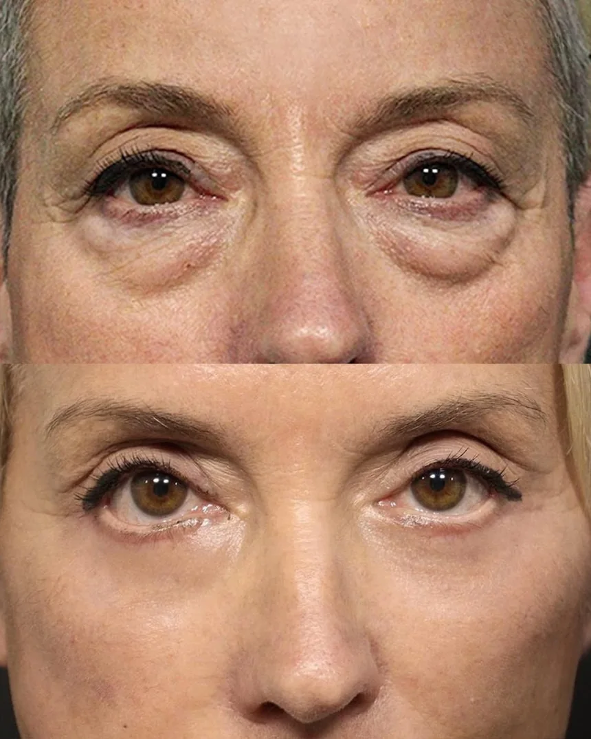 A patient before and after a Lower Blepharoplasty by Dr. Quiroz in Tijuana. Individual results vary.