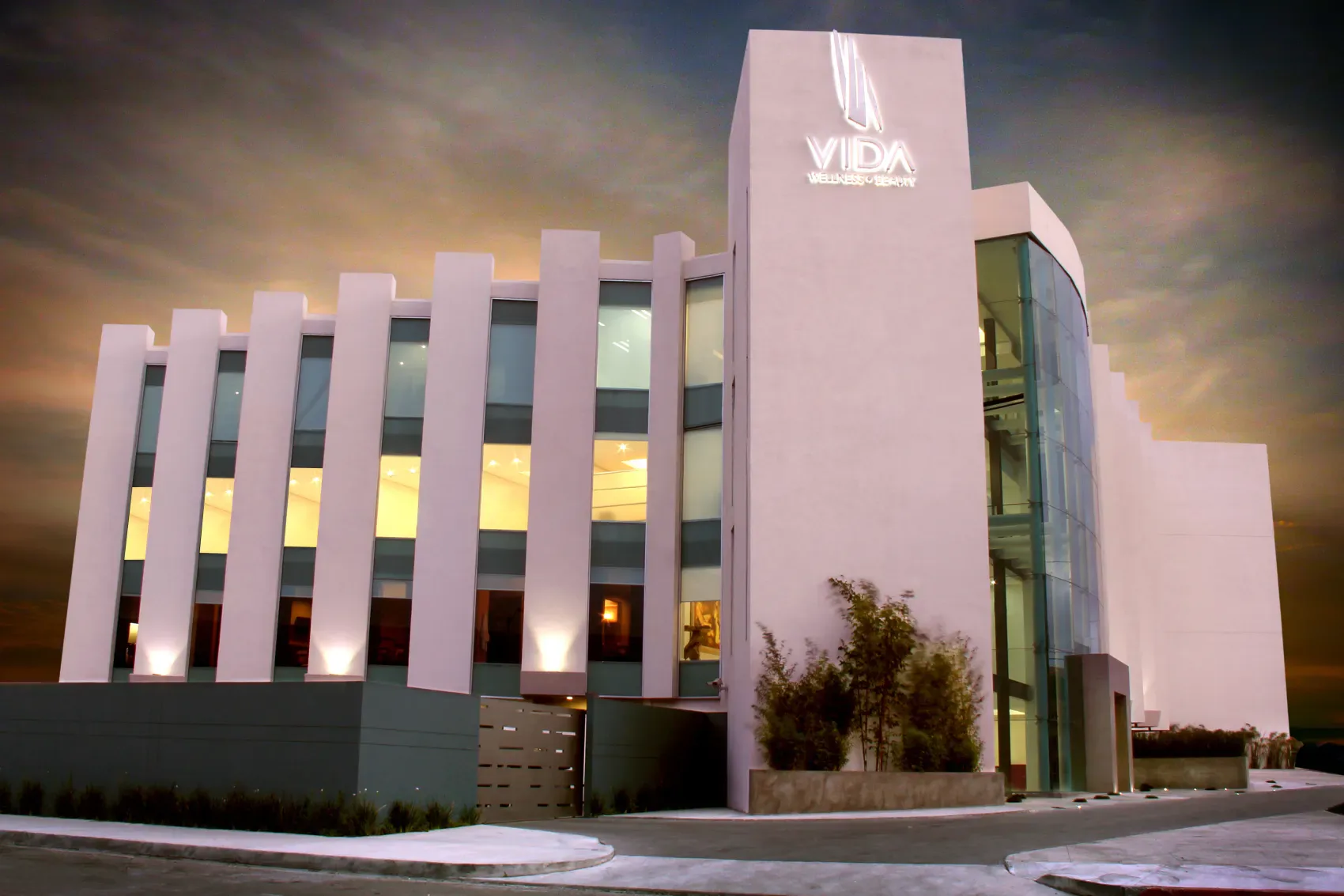 VIDA Wellness & Beauty in Zona Rio, Tijuana, at dusk
