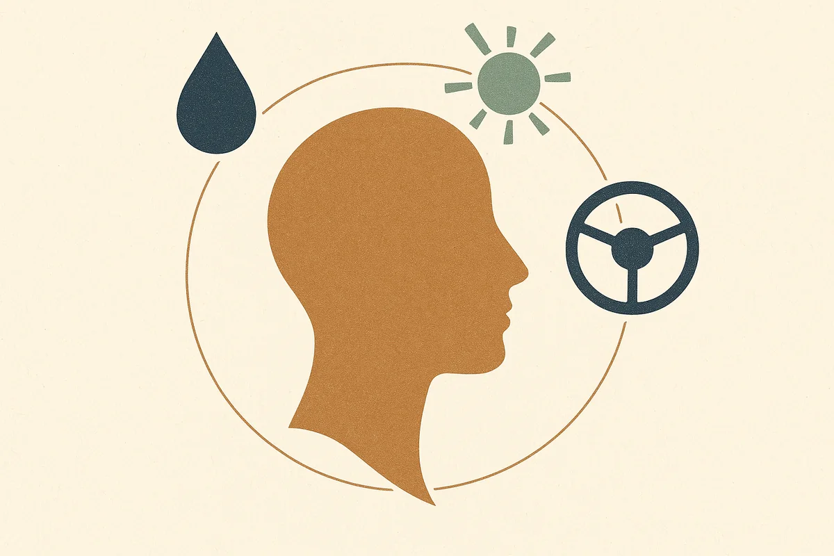 An abstract editorial illustration of a calm face in profile ringed by small emblems of daily life, a water drop, a steering wheel and a sun, each waiting on its own bronze line, in cream, bronze, sage and deep navy.