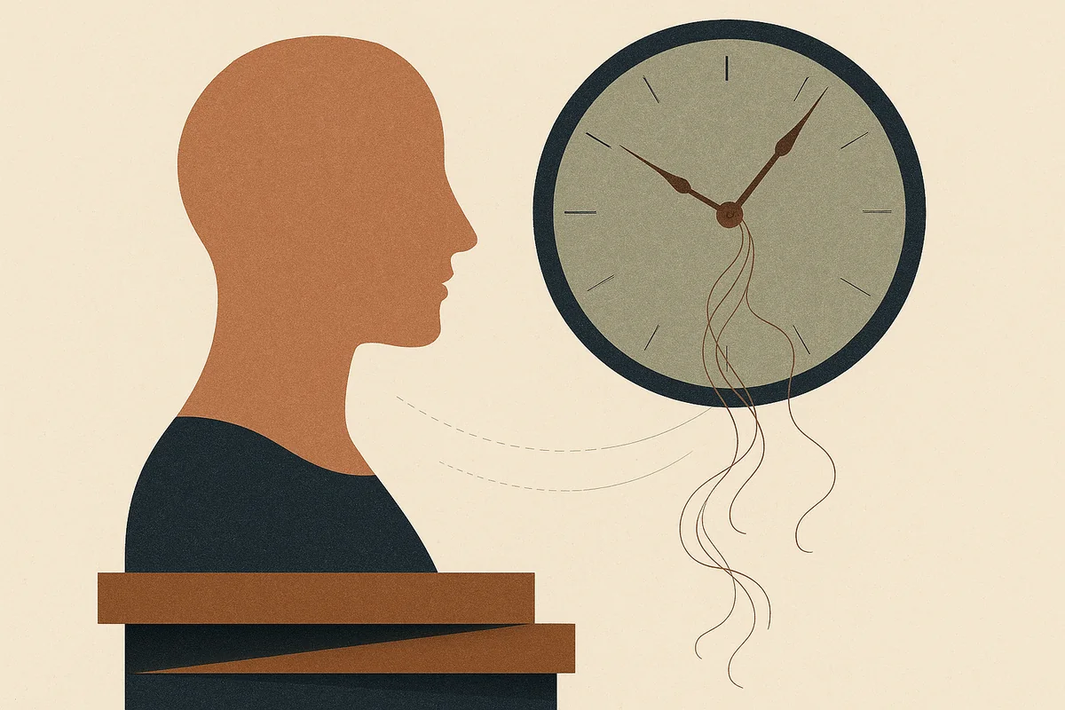 Abstract cut-paper face in profile beside a clock face whose hands unravel into loose threads