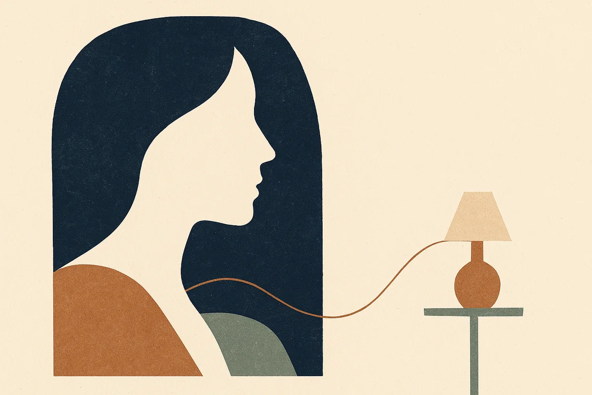 An abstract cut-paper face and neck in profile, cream and bronze against deep navy, with a single unbroken bronze line leaving the jaw and traveling across an open margin to a small lamp-lit point, suggesting one steady thread of care held across a distance.