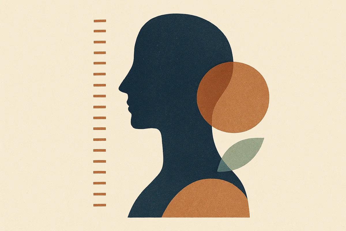 An abstract cut-paper face in profile beside a vertical scale of evenly spaced bronze tick marks, none of them highlighted, in cream, bronze and deep navy.