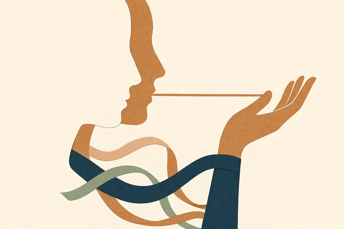 An abstract cut-paper face and neck in profile in cream, bronze, and deep navy, with one unbroken bronze line running from the eye straight to a single open hand, while a tangle of intermediary paper strips falls away unconnected, suggesting one accountable line of care rather than a chain of handoffs.
