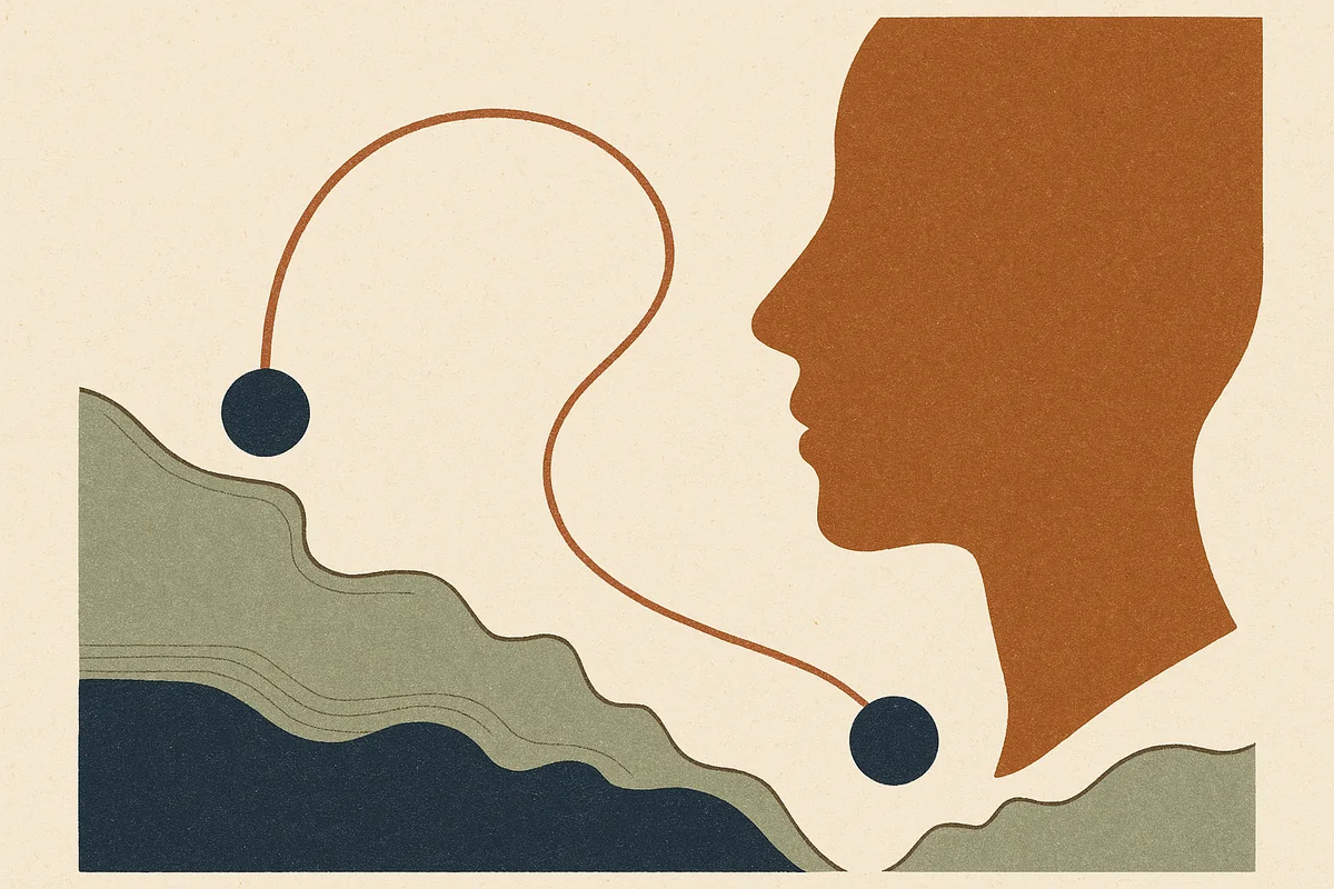 Abstract editorial illustration in cream, bronze, sage, and navy: a single unbroken bronze thread arcing over a stylized border line between two coastlines, anchored on each side by a small navy seal, suggesting continuity of care across a short distance