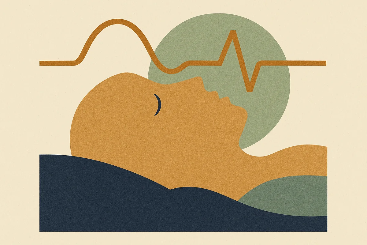 Abstract editorial illustration in cream, bronze, sage, and navy: a stylized cut-paper face in profile with a closed eye resting on layered navy planes, a single steady bronze monitor line arcing calmly above it, suggesting watched, protected sleep