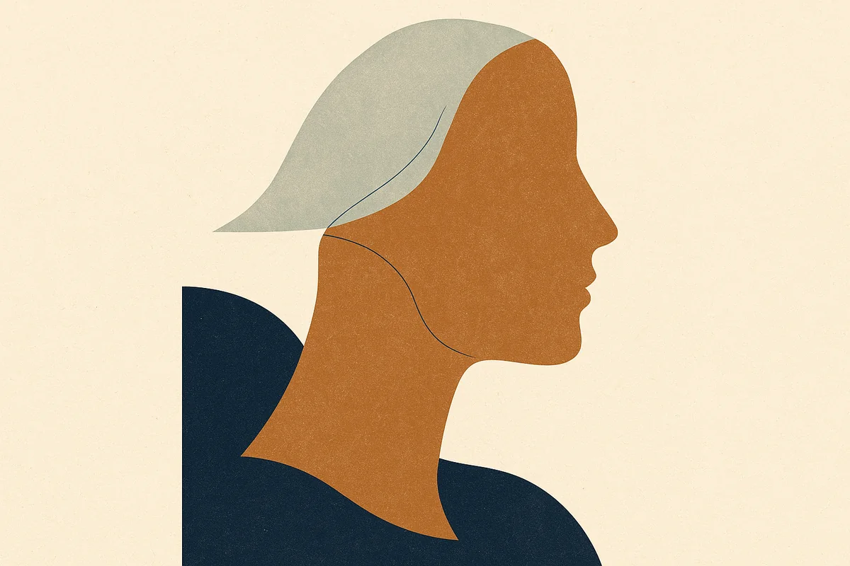 Abstract editorial illustration in cream, bronze, sage and navy: a translucent surface layer drifting above a deeper bronze structural curve of a profile form, suggesting filler resting on top of the plane a facelift repositions. No faces.