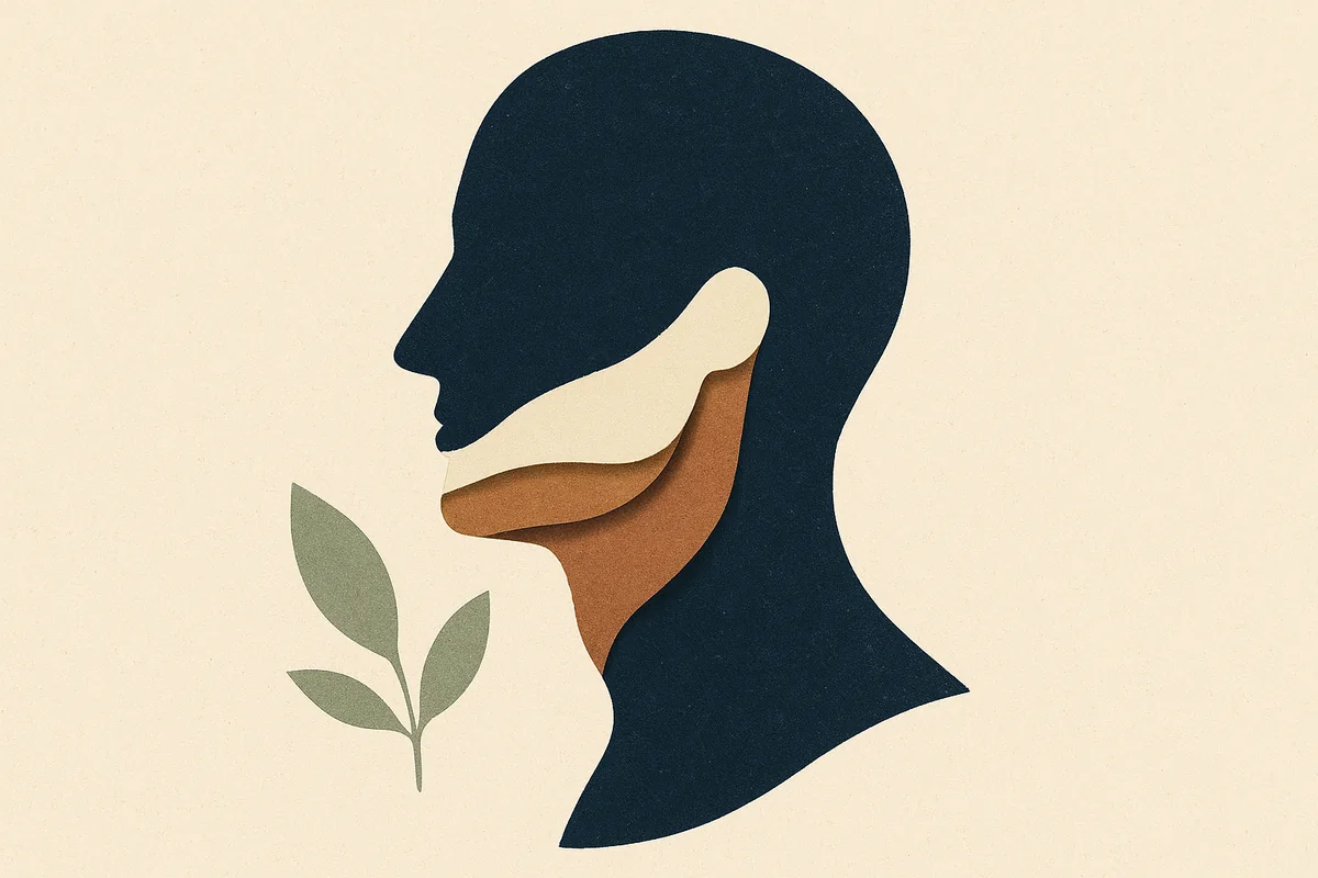 An abstract cut paper illustration of a man's face and neck in profile, the area under the chin peeled into three layered strips for fat, muscle, and skin, in cream, bronze, and deep navy.