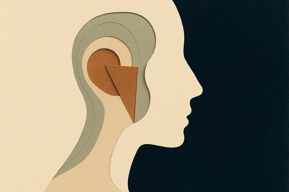 An abstract cut-paper face in profile, its cheek and temple hollowed into a recessed layer with a single bronze wedge set back into the void, in cream, bronze and deep navy.