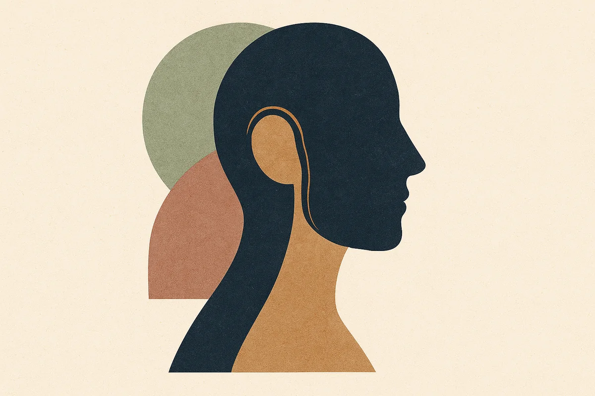An abstract editorial illustration of a face in profile where a single fine bronze line traces the curve of the ear and softens into the cream background as it descends, in cream, bronze, sage and deep navy.