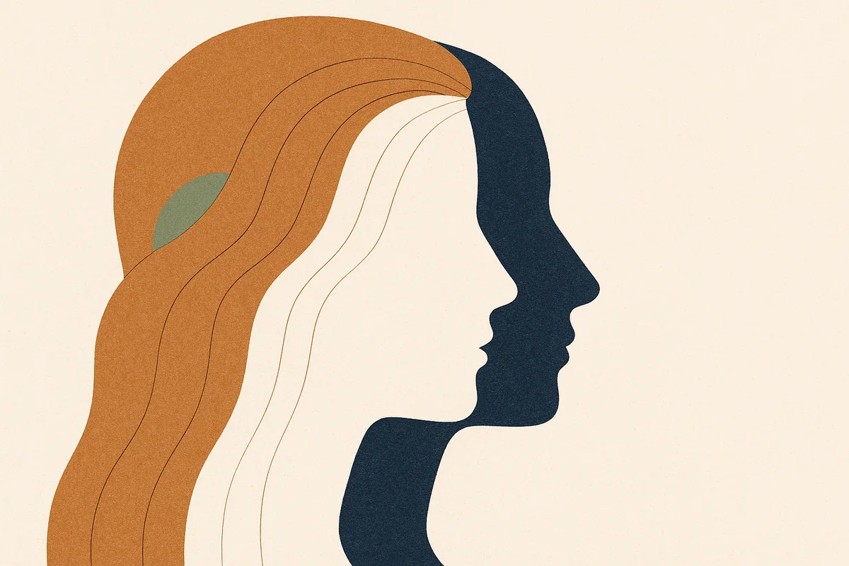 An abstract editorial illustration of a serene face in profile drawn as layered bronze contour lines that settle month by month into a single clean line, in cream, bronze and deep navy.