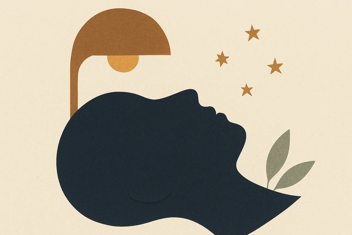 An abstract editorial illustration of a face in profile in cream, bronze, and deep navy, resting beneath a small constellation of lamp-lit points, with one unbroken bronze line traveling in from the horizon to the pillow, suggesting a solo traveler watched over through the night.
