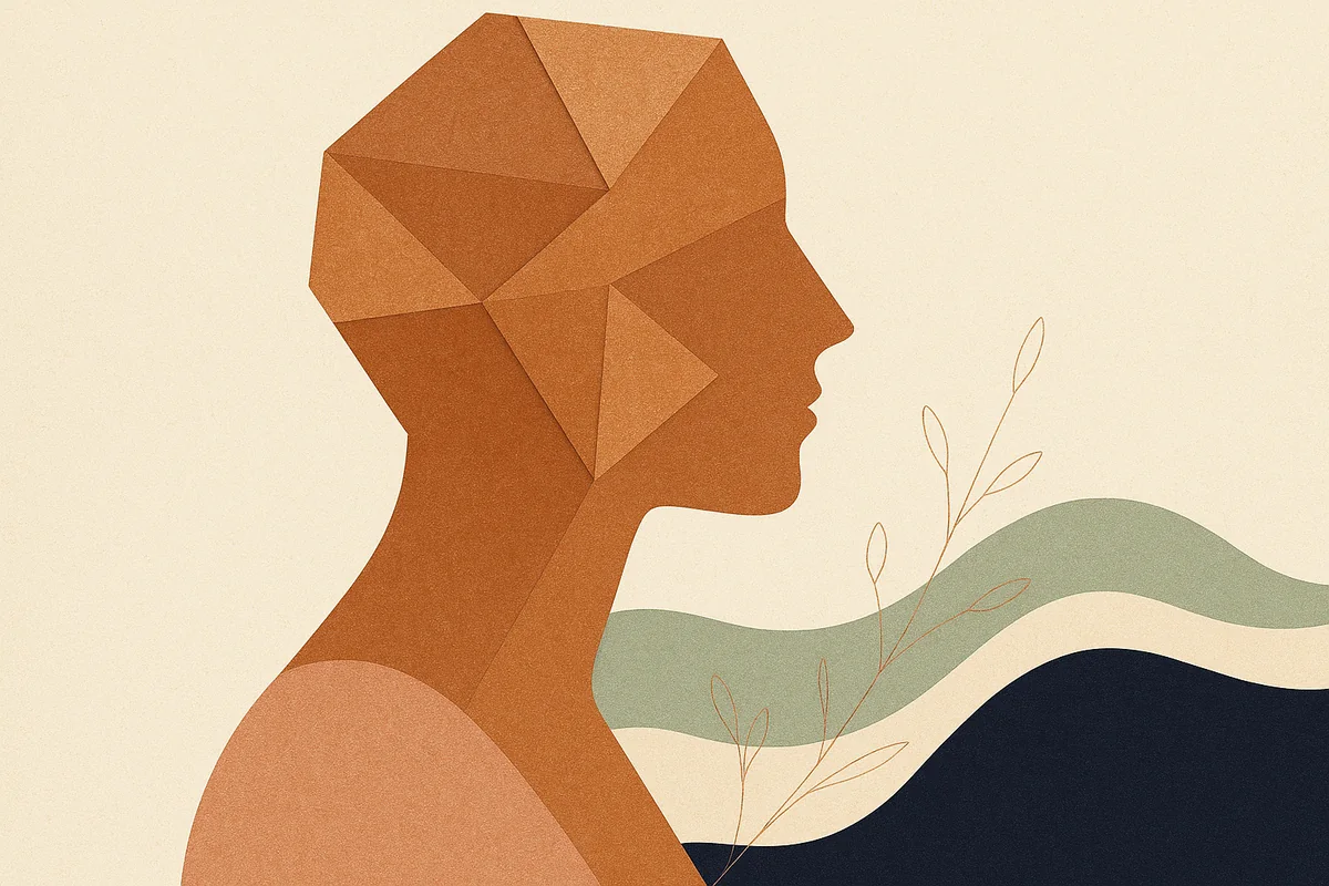 An abstract editorial illustration of a face in profile built from angular bronze facets that gradually round and smooth as they descend into soft sage and cream waves, in cream, bronze, sage and deep navy.