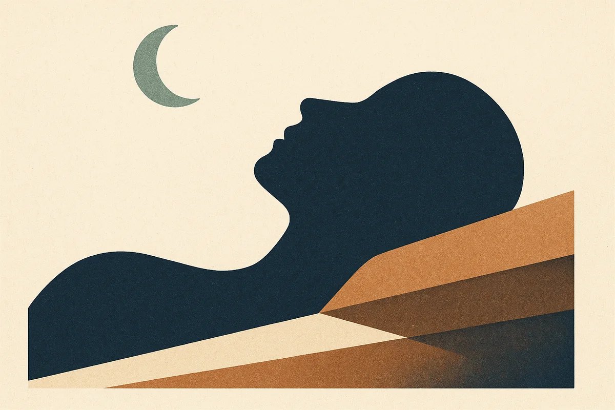 An abstract cut-paper face in profile reclined at a gentle angle on layered paper wedges, cream and bronze on deep navy with a sage crescent moon above, suggesting elevated, face-up sleep during recovery.