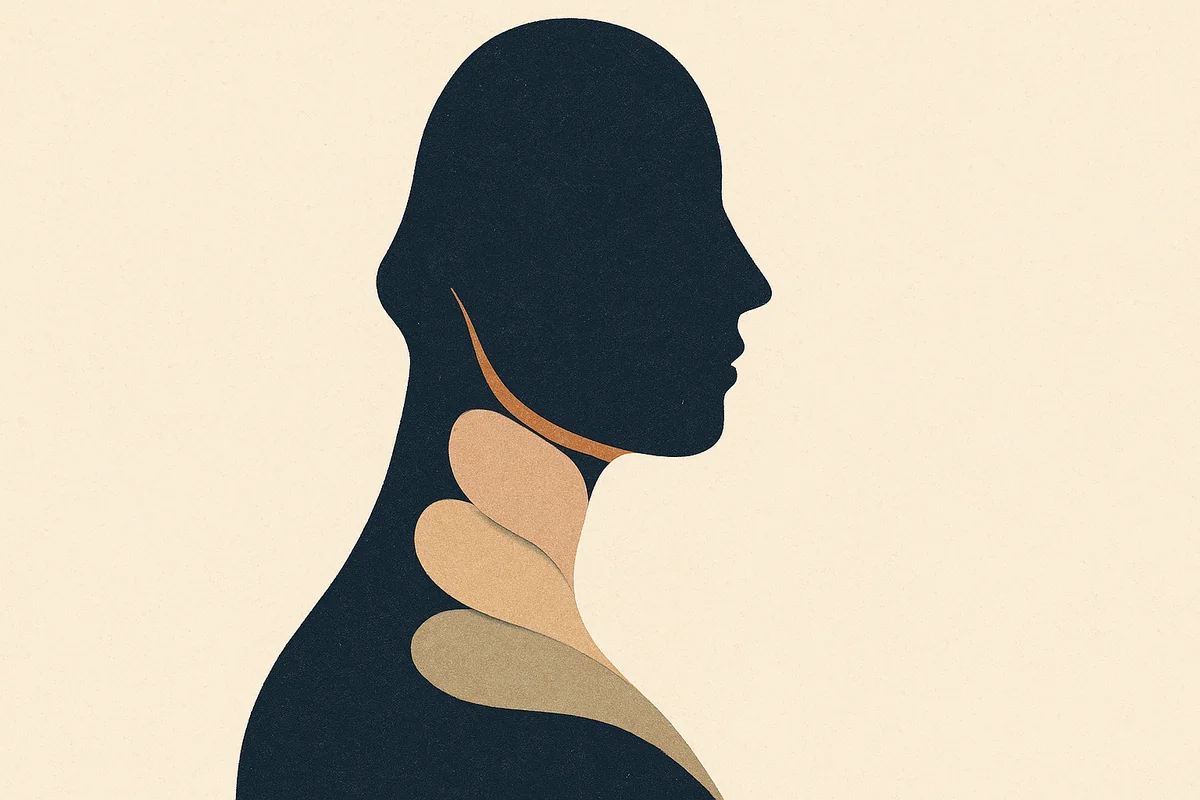 Abstract cut-paper illustration in cream, bronze and deep navy of a face and neck in profile: along the jawline a single bronze line lifts cleanly toward the ear, while beneath it soft rounded pads of paper blur the same line, structure set against added volume.
