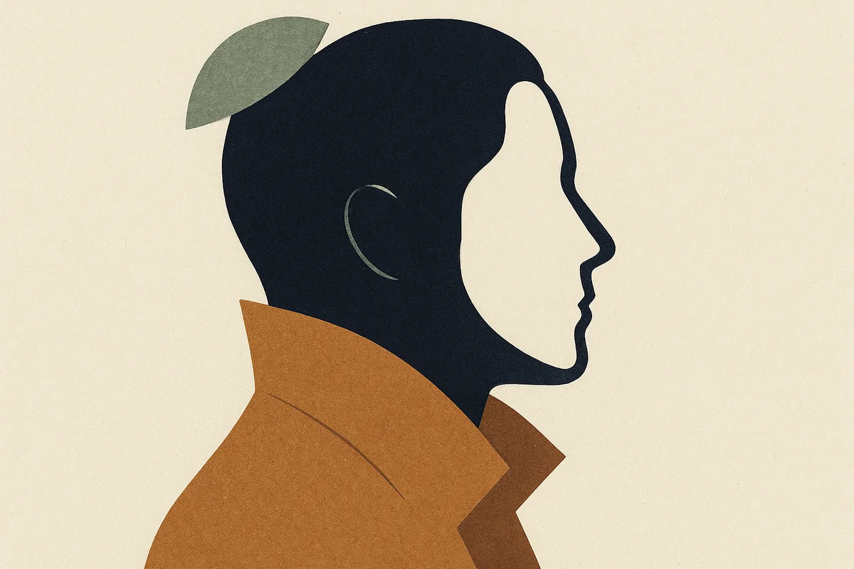 An abstract cut-paper illustration of a man's face and neck in profile, the jaw and ear half covered by a turned-up collar in bronze, a clean healed jawline emerging above it, in cream, bronze and deep navy.