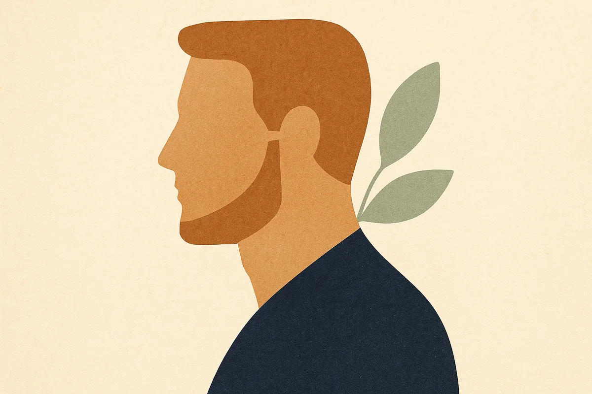 An abstract cut-paper illustration of a man's face and jaw in profile, a strong angular jawline and sideburn in bronze against a cream ground, with a deep navy plane suggesting a close beard along the jaw and neck.