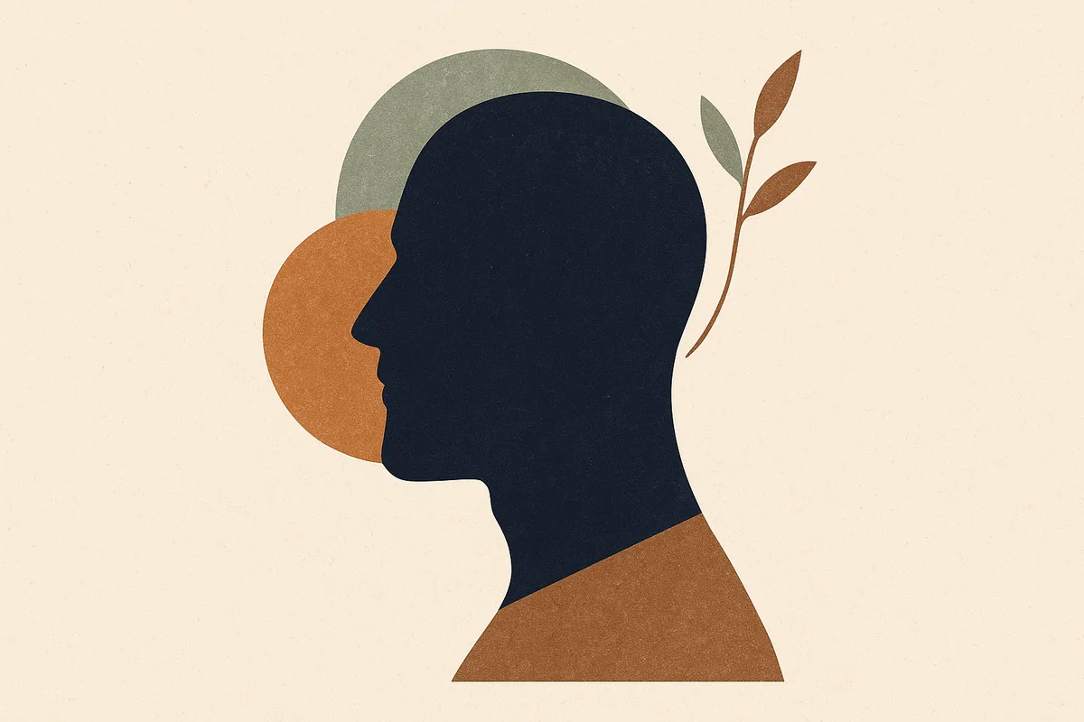 An abstract cut-paper illustration in cream, bronze and deep navy of a man's face and neck in profile, the jawline cut as a strong straight bronze edge with a lightly textured beard plane resting along it, and the line beneath the chin squared rather than curved, to read as masculine.