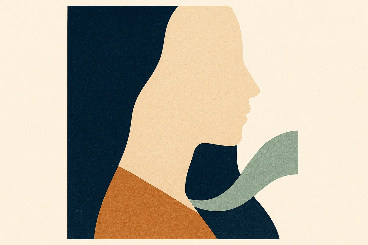 Abstract cut-paper face in profile in cream and bronze, its deep layered planes propped on a shrinking wedge shape at the jaw angle that a sage curve of tissue slides down over, on a navy ground