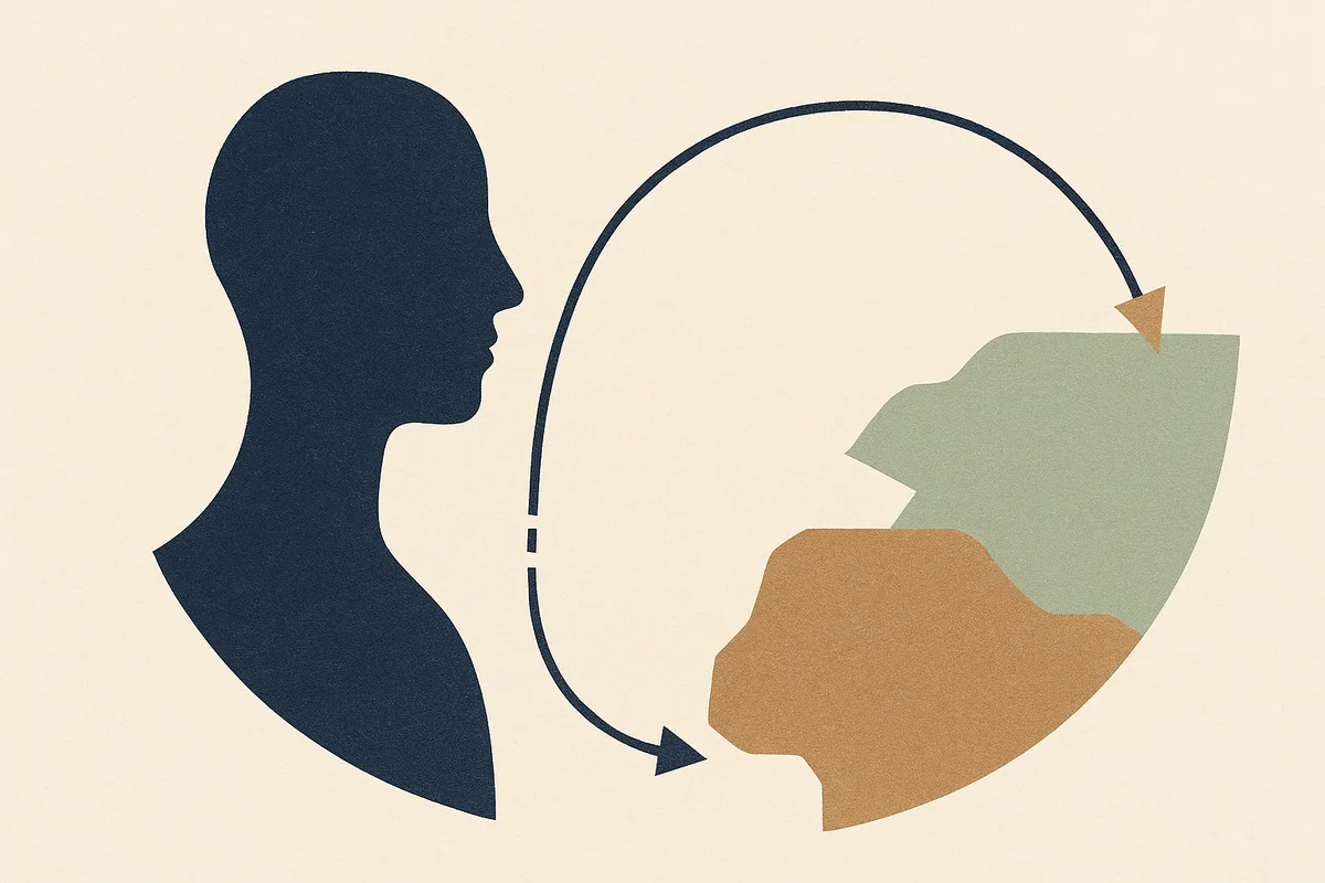 Abstract editorial illustration in cream, bronze, sage, and navy showing two travel routes from one starting point, a short road crossing a nearby border and a long arc over an ocean, with no faces