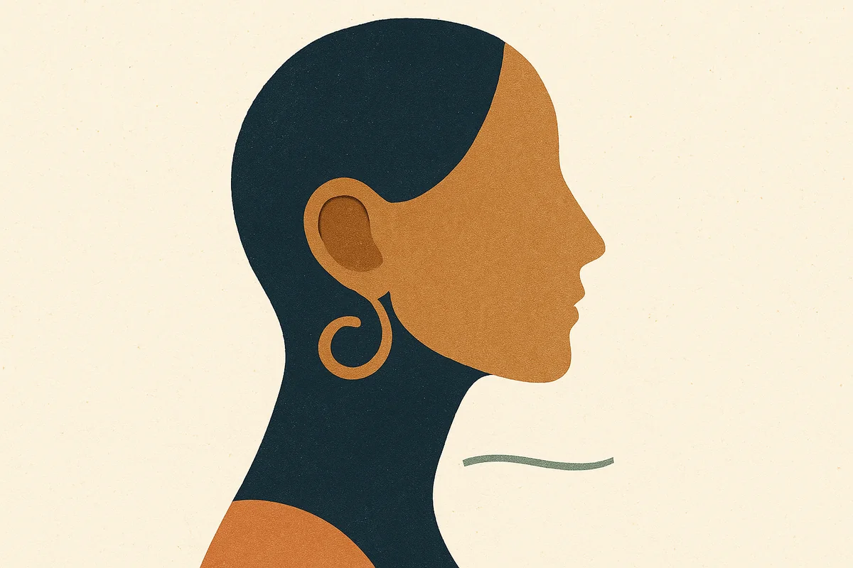 An abstract editorial illustration of a face in profile in cream, bronze, sage and deep navy, where the ear is drawn as a loose bronze spiral whose lobe hangs free above the jawline, a single taut sage line beneath it left unattached.
