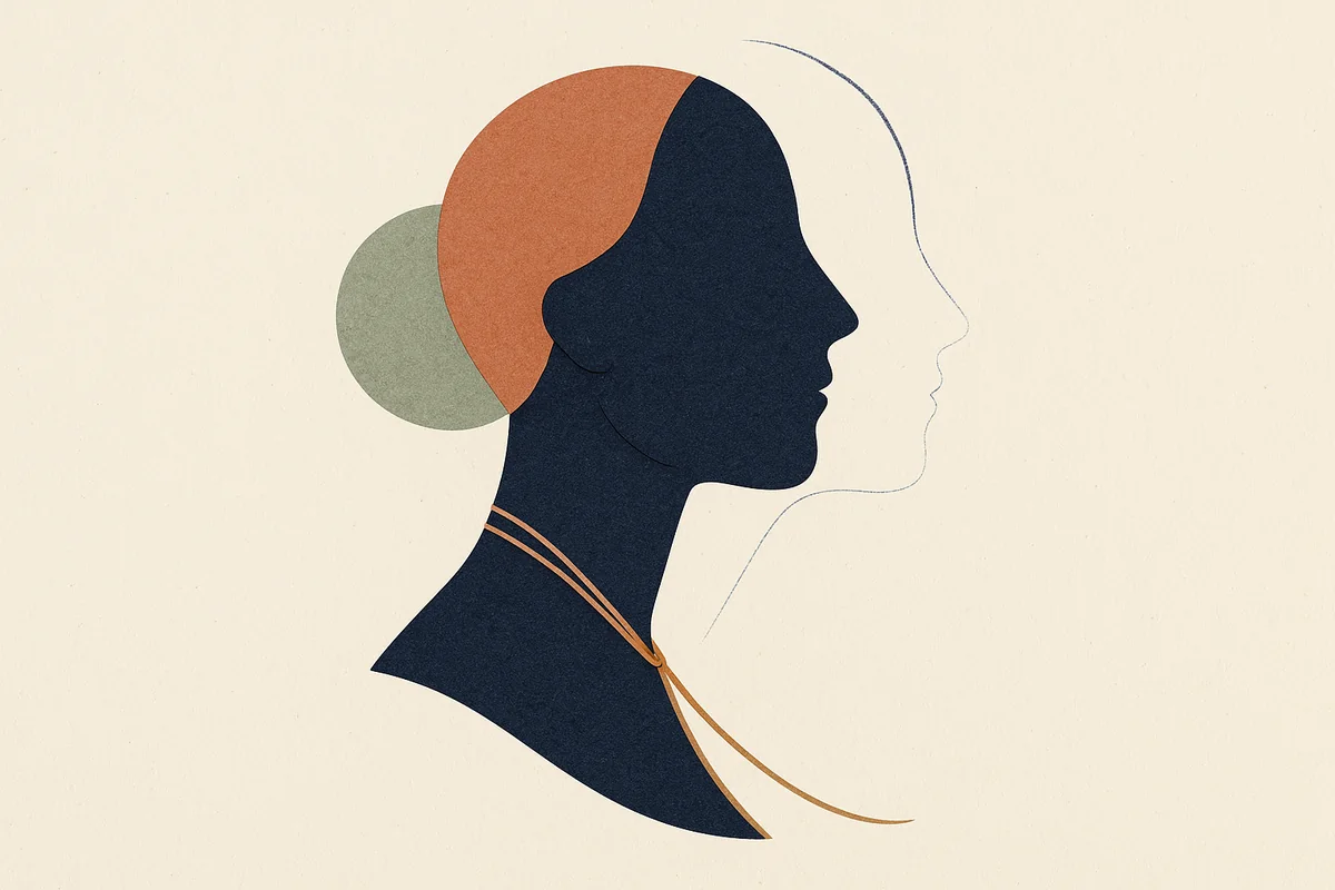 An abstract editorial illustration of a serene face and neck in profile, two loosened vertical cords beneath the chin gathered by a single bronze line into one clean sweep from chin to collarbone, in cream, bronze and deep navy.