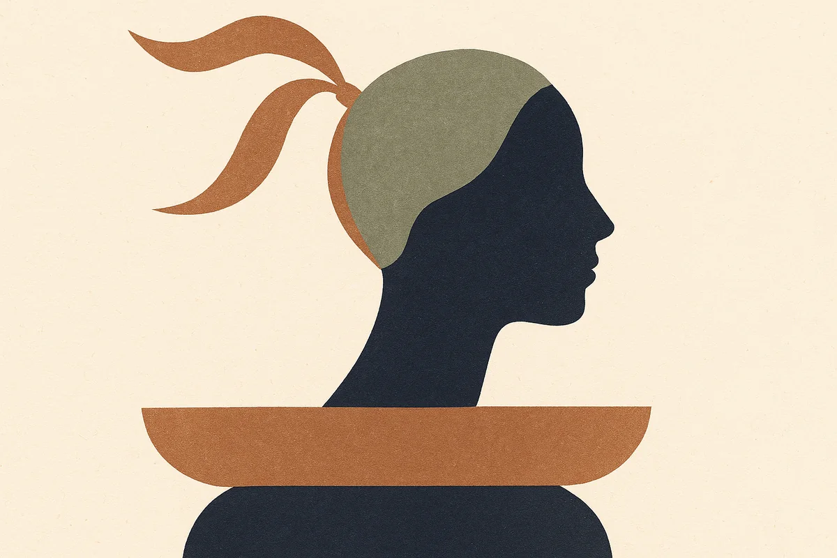 An abstract editorial illustration on warm cream: a slender bronze ribbon gathered upward and tied high like a ponytail above a sage oval, while beneath it a heavier navy layer is lifted whole on a wide bronze band.