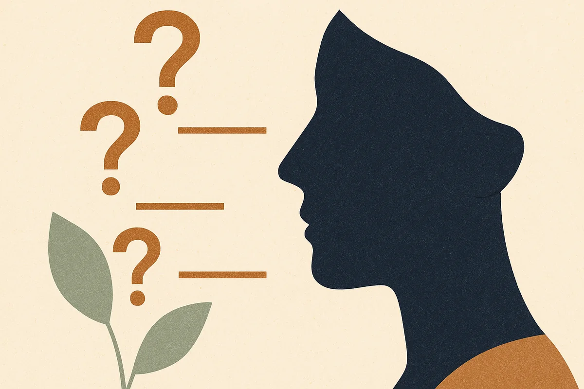 An abstract editorial illustration of a face in profile facing a descending column of bronze question marks, each met by a single straight answering line, in cream, bronze, sage and deep navy.