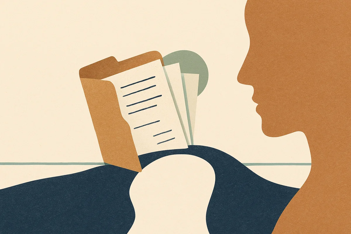 Abstract editorial illustration in cream, bronze, sage, and navy of a folder of medical documents fanned open across a stylized border line, the papers forming a bridge between two shores, no faces