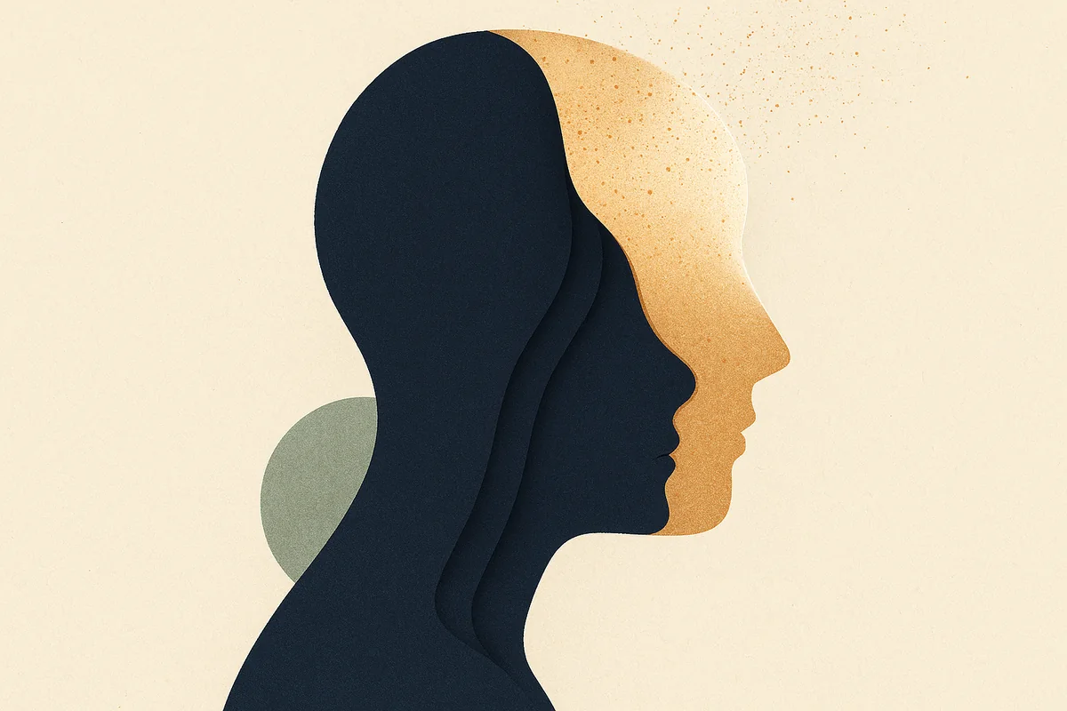 Abstract cut-paper face in profile whose thin surface layer is renewed and luminous while the deep stacked planes beneath it stay exactly where they were