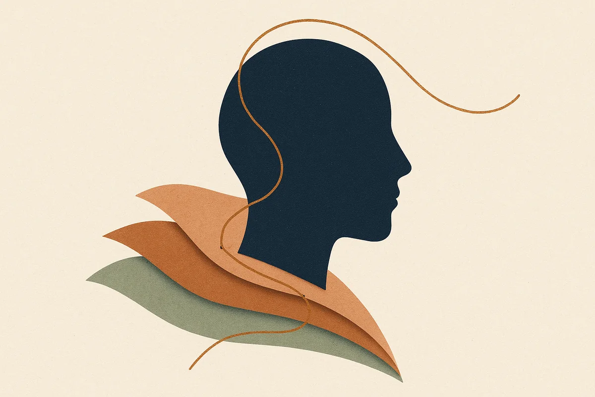 An abstract editorial illustration of a face in profile whose deep layered planes are realigned and rewoven with a single bronze thread, in cream, bronze, sage and deep navy.