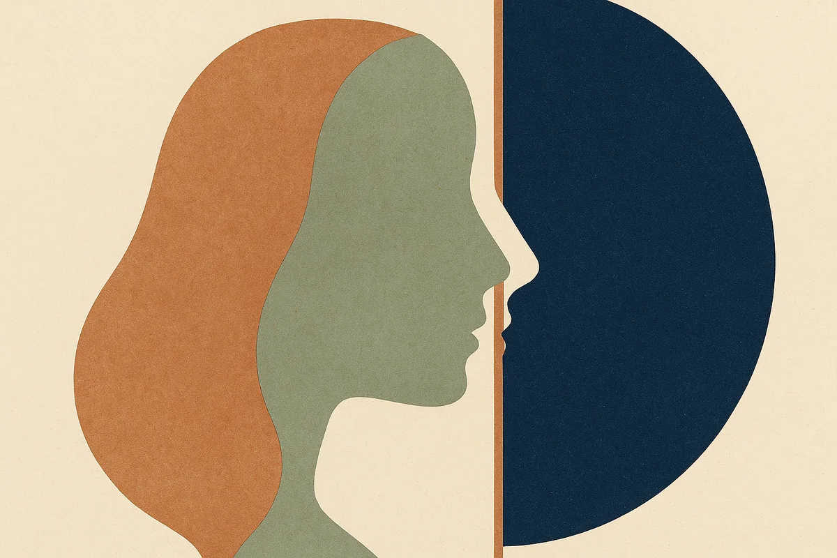 Abstract editorial illustration in cream, bronze, sage, and navy: two mirrored facial profile curves, one drifting downward and one hollowing inward, divided by a thin bronze vertical line