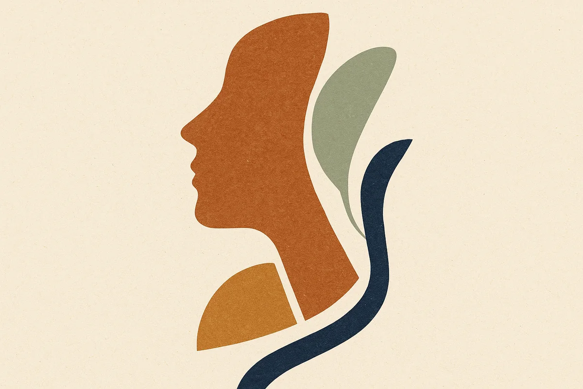 An abstract editorial illustration of a face and neck in profile, with a small bronze arc tucked beneath the chin and a longer navy line sweeping from the ear down the neck, two possible paths over one profile, in cream, bronze, and deep navy.