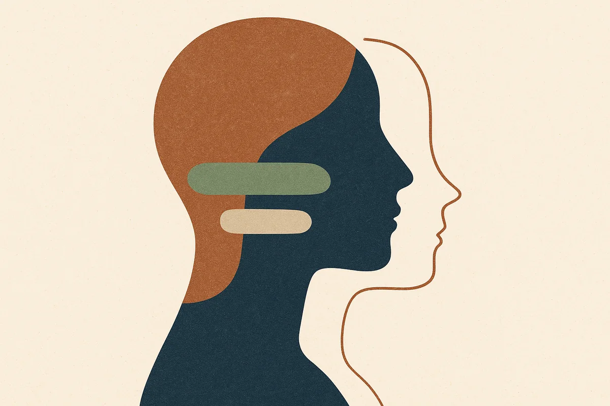 An abstract editorial cut-paper illustration of a face in profile in cream, bronze, and deep navy, built from four stacked layered strata that read as itemized parts, with a single bronze line drawing a bracket that gathers them into one whole.