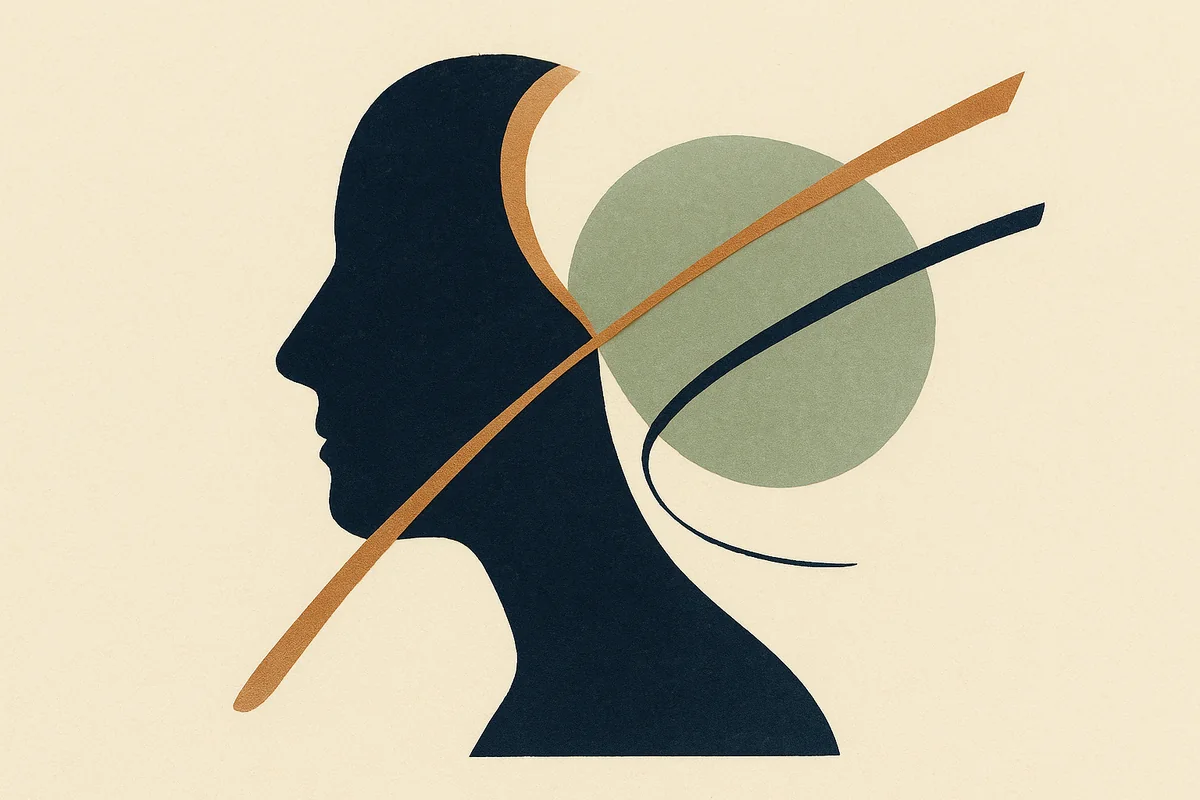 An abstract editorial illustration of a face in profile in cream, bronze, sage and deep navy, its long aging arc lifted back to an earlier point by a single bronze line before the arc continues gently forward.