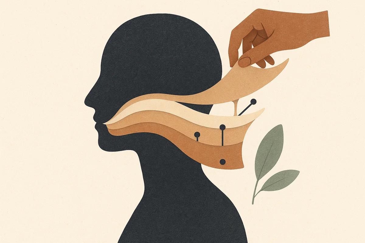 An abstract editorial illustration of a face in profile drawn as layered strata, a bronze structural sheet beneath the surface line lifted as one piece past small navy anchor points, in cream, bronze, sage and deep navy.