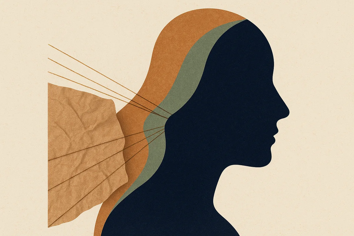 Abstract editorial illustration in cream, bronze, sage, and navy: a stylized cut-paper face in profile whose deep layered planes lift gently upward as one piece, while taut diagonal threads pull a separate, wrinkled paper skin sideways and distort its edge. No real faces.