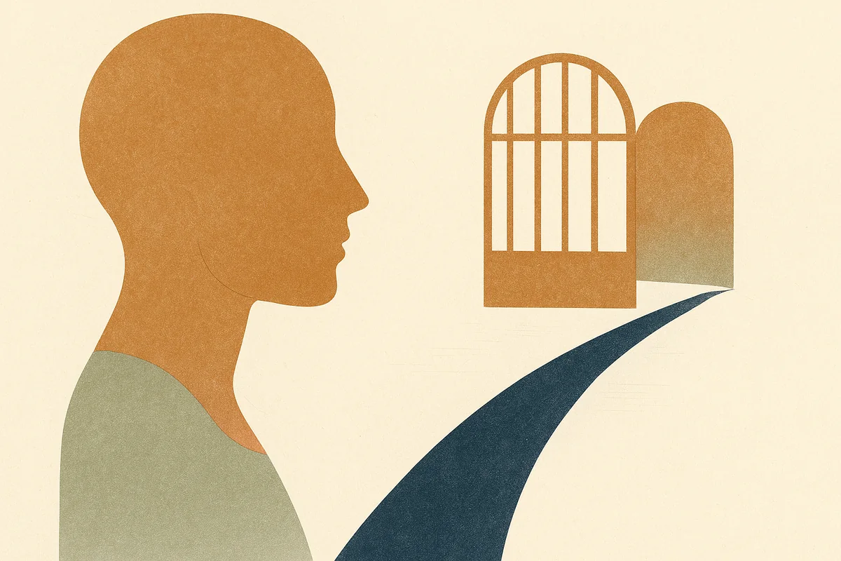 An abstract editorial illustration of a face in profile paused before a bronze gate standing half open, a single navy path stopping at its threshold, in cream, bronze, and deep navy.