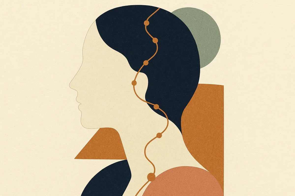 An abstract cut-paper face and neck in profile in cream, bronze, and deep navy, with a single unbroken bronze line traveling across it like a route on a map, touching six small waypoints from a northern crossing down to a place of rest, evoking a day-by-day journey.
